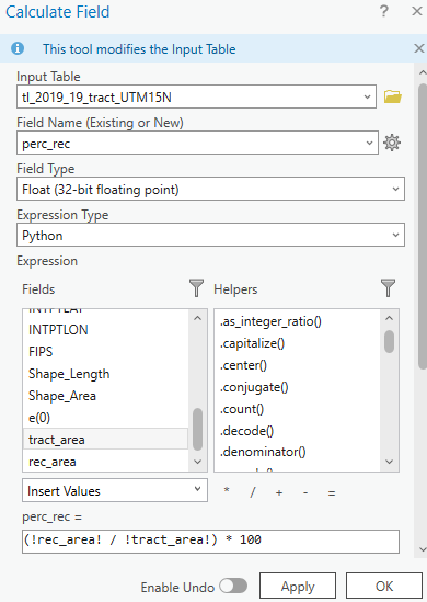 Calculate percent recreation land