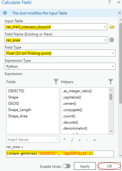 Calculate recreational land area