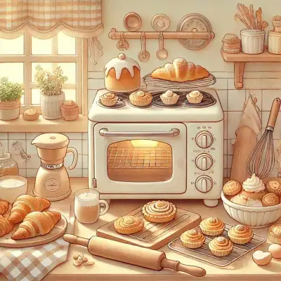 Cute drawing of a kitchen filled with pastry projects in prgoress.